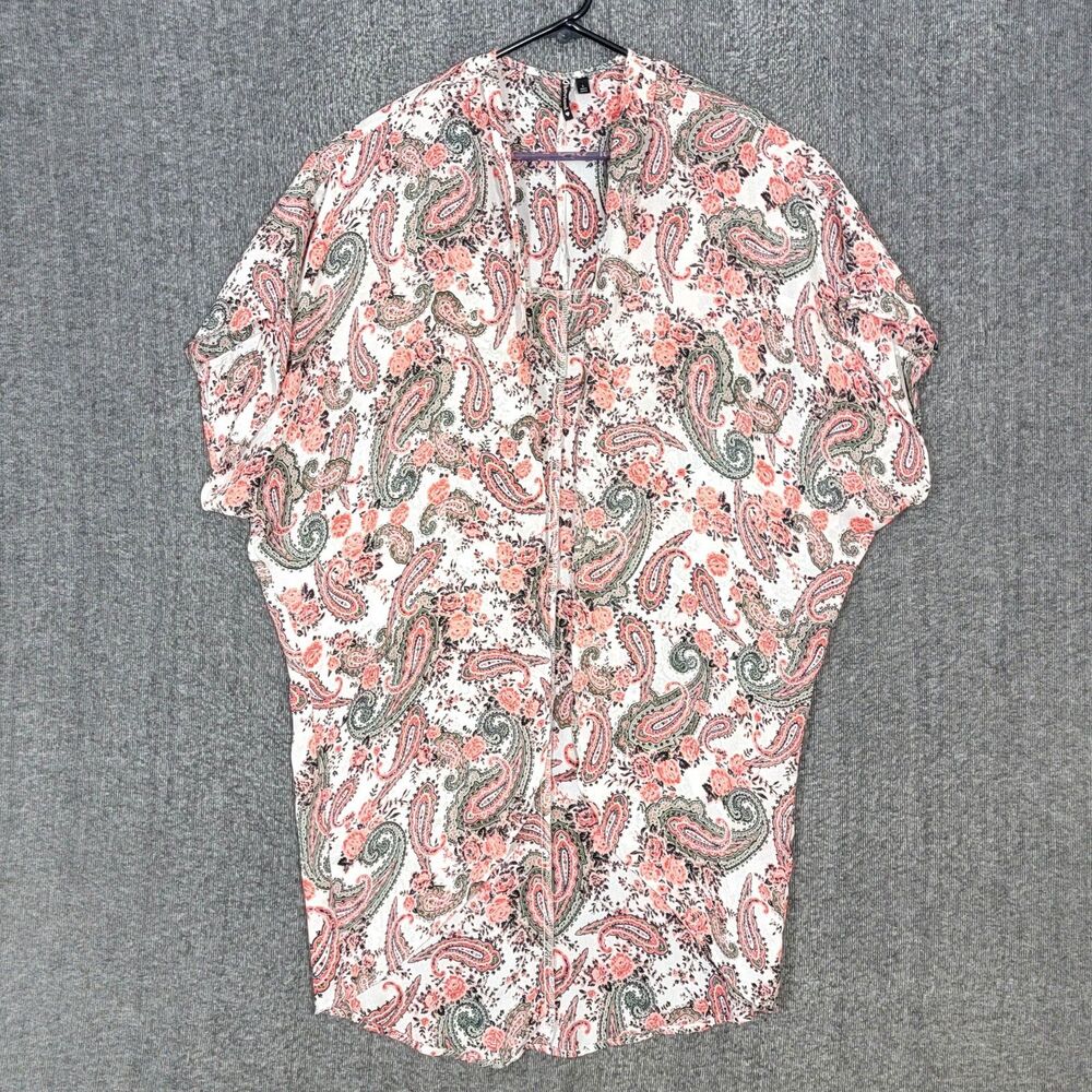 Heart Soul Kimono Womens Large White Pink Paisley Floral Short Sleeve Top